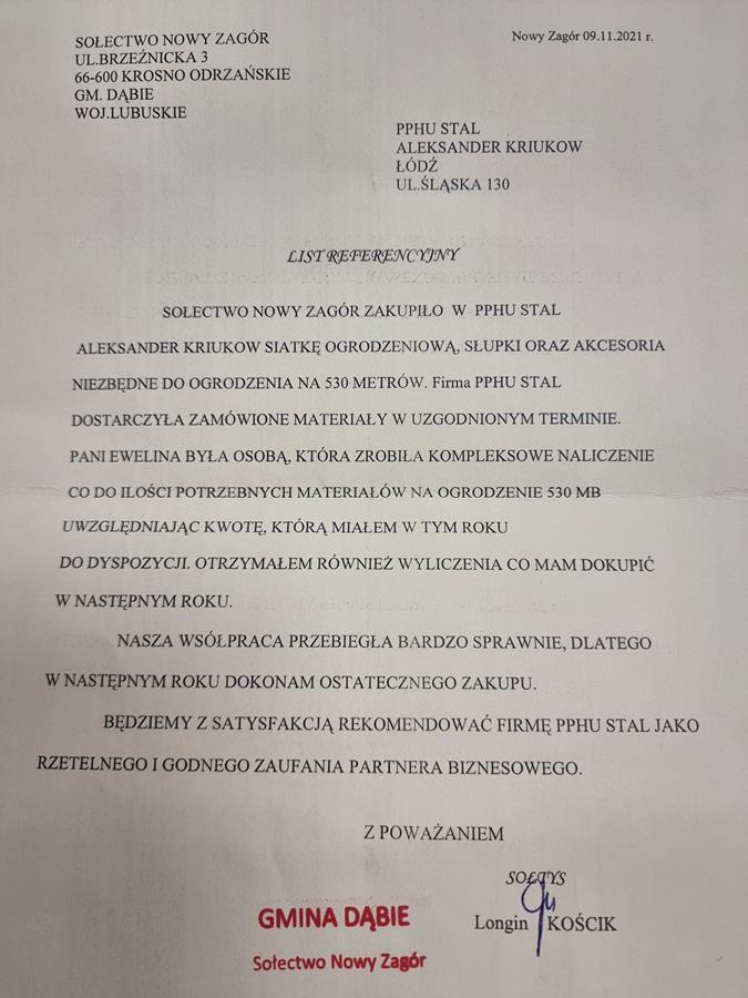 rekomendacje, referencje sołtysa gminy, która zakupiła 530m ogrodzenia z siatki ogrodzeniowej, słupków, kompletny płot